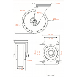 BlueWheel-Set ROULEAU PIVOTANTE non freinées 80-35, 130kg | argent bleu