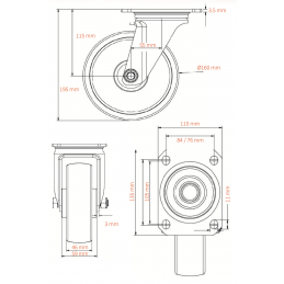 BlueWheel LENKROLLE ungebremst 160-46, 300kg | silber blau