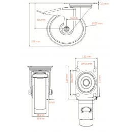 BlueWheel-Set ROULEAU PIVOTANTE freinées 160-46, 300kg | argent bleu